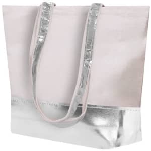 A tote bag in light pink with a silver metallic bottom and handles, featuring a branding logo.