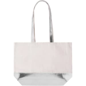 A silver and pale pink tote bag with long handles and a shiny silver base, featuring a branding logo.