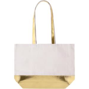 A tote bag featuring a white fabric body and a shiny gold bottom, complete with two gold handles.