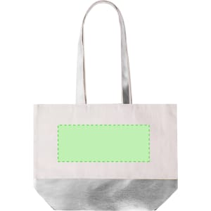 A large tote bag in cream and silver, featuring a blank green area for custom decoration, and two sturdy handles.
