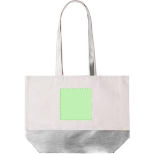 A tote bag featuring a grey bottom and pale pink body with a blank square area for custom designs.