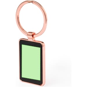 A rose gold keyring with a rectangular green insert, featuring a smooth surface and a circular attachment loop.
