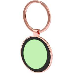 A rose gold keyring featuring a circular pendant with a green centre and a black border.