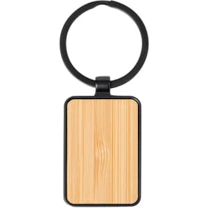 A rectangular keyring featuring a wooden texture on a black metal ring. Simple and stylish design.