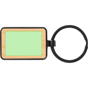 A keyring with a rectangular bamboo design and a green blank section for customisation. It has a black metal ring.