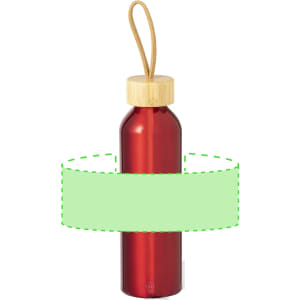 A drink bottle in red metal with a natural wood lid and a convenient carrying strap.