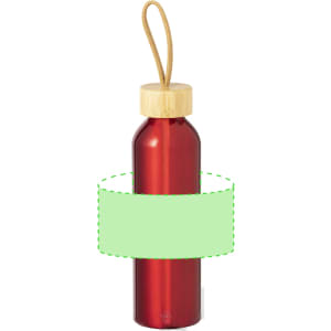 A drink bottle in vibrant red, featuring a natural wood lid and a looped handle. It has a branding area.