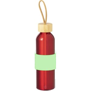 A drink bottle in red with a bamboo lid and a green band. It features a cord for carrying and has a logo.