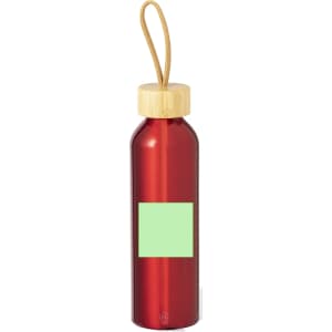 A drink bottle in shiny red with a wooden cap and a lanyard. It features a green blank area for customisation.