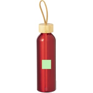 A red drink bottle with a bamboo lid and a rope handle, featuring a small area for branding.