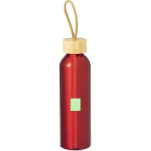 A drink bottle in a shiny red finish with a bamboo cap and a convenient carry strap. It features a small sticker area.