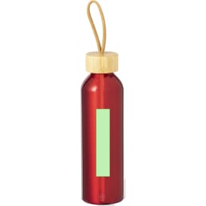 A drink bottle in red with a bamboo lid and a loop handle, featuring a logo on the side.