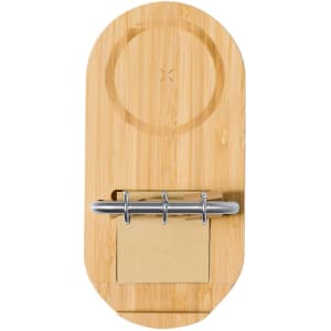 A bamboo multifunction charger featuring a sleek design with a metal binder and space for notes.