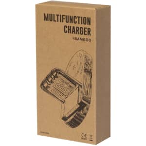 A brown cardboard box containing a multifunction charger, featuring a sketch of the product on the front.