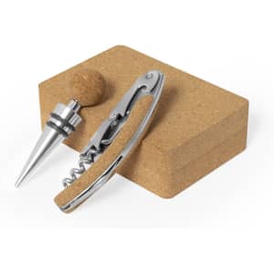 A cork wine set featuring a silver corkscrew, a metallic stopper, and a cork base.