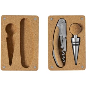 A cork wine set featuring a corkscrew and a pourer, with a silver finish and cork accents.