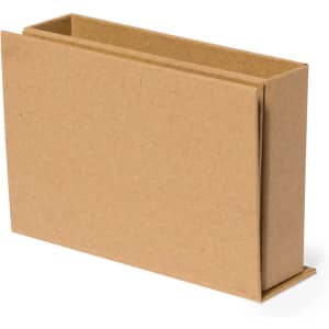 A simple kraft cardboard pencil holder with a rectangular design, featuring a logo on one side.