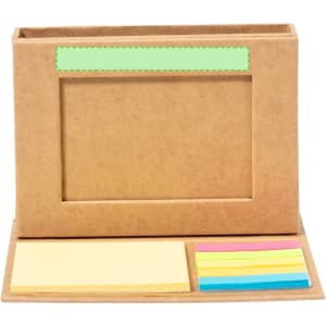 A multifunction pencil holder in natural brown, featuring compartments for sticky notes in pastel colours and a blank frame.
