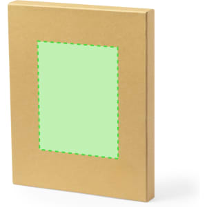 A brown cardboard notebook with a green outlined section on the front, featuring a simple, clean design.