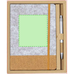 A grey notebook with a cork detail and an elastic band, packaged with a silver pen in a brown box.