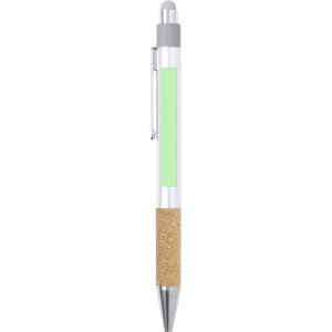A green and silver pen with a cork grip and a clip for attaching to notebooks or pockets.