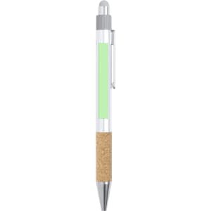 A silver pen with a cork grip and a green accent section, featuring a clip for attachment.