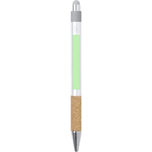 A pen featuring a transparent barrel, cork grip, and a green accent, with a silver clip at the top.
