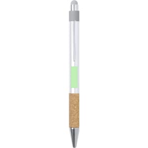 A pen with a clear barrel, silver accents, a green section, and a cork grip.