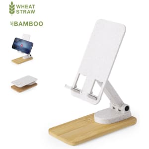 A phone stand made from wheat straw and bamboo, featuring a white, adjustable holder on a light wooden base.
