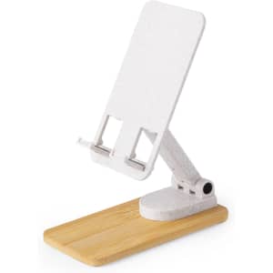 A white phone stand with a bamboo base, featuring an adjustable holder and a minimalist design.