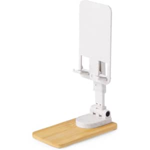 A white adjustable phone holder with a bamboo base, featuring a sturdy design and a built-in logo.