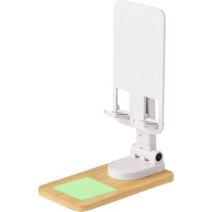 A phone stand featuring a white adjustable holder and a wooden base, designed for versatility and stability.