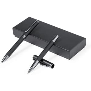 A set of two black metal pens displayed on a black box, featuring silver accents and a logo.