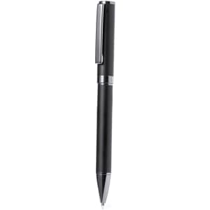 A metal pen in black with silver accents and a clip, featuring a sleek design and a logo.