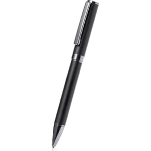 A sleek black metal pen with a shiny silver clip and accents, featuring a modern design.