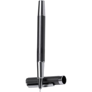 A metal pen with a sleek black body and silver accents, featuring a removable cap. It has a branding logo.