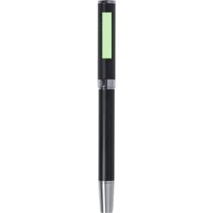 A black metal pen with a silver clip and a translucent green window. Features a logo on the barrel.
