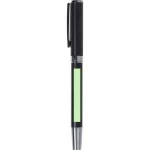 A black metal pen with a green accent and clip, featuring a branding logo.