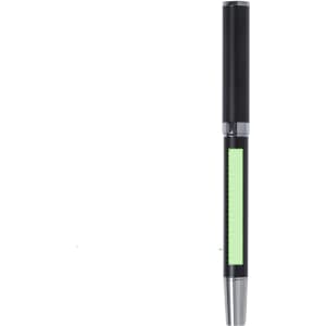 A metal pen with a black body and a green accent, featuring a silver clip and branding.