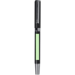 A black metal pen with a green accent and a silver tip, featuring a clip and a logo.