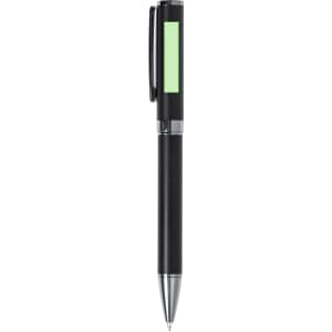 A metal pen with a black body and a green accent. It features a sleek design and has a branding logo.