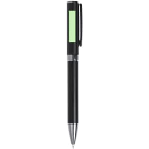 A metal pen featuring a sleek black body with a contrasting green accent and a shiny silver clip.
