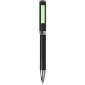 A black metal pen with a green accent and chrome details, featuring a logo on its body.