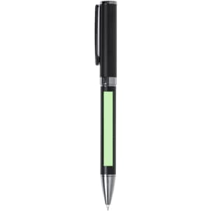 A metal pen featuring a black body with a green section and a silver clip. It has a sleek, modern design.