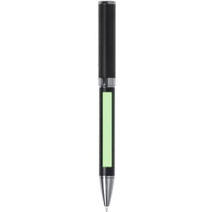 A metal pen in black with a green highlight and a silver tip, featuring a logo.