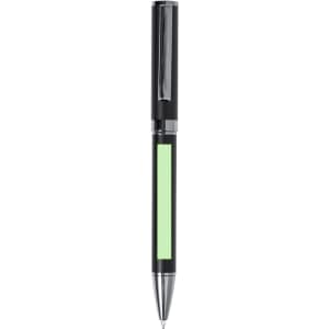 A black metal pen with a green section and a silver clip. Features branding on the body.