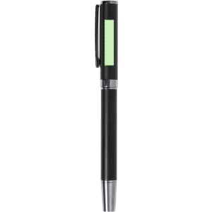 A metal pen in black with a green accent and a clip, featuring a branding logo.