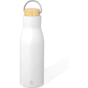 A drink bottle in white with a wooden cork lid and a metal handle. It features a logo on the body.