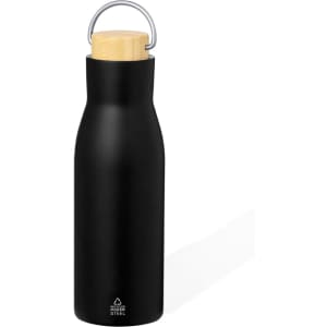 A drink bottle with a sleek black finish, featuring a wooden lid and a metal loop for easy carrying.