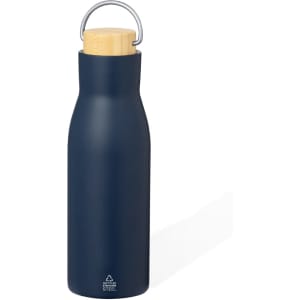 A drink bottle in navy blue stainless steel with a bamboo lid and a metal handle. It features a logo.